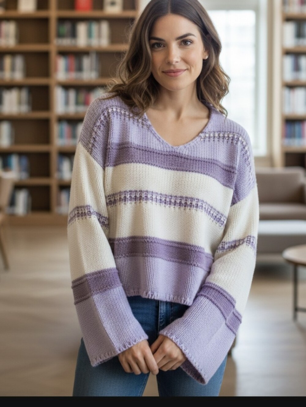 Sincerly Jules Lavender and Cream Cropped Striped V-Neck Pullover- Medium